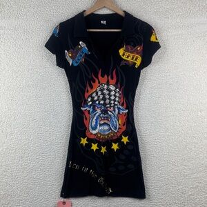 T-Flush Womens Black Rhinestone Bulldog And Graphic Cotton Mini Dress Size XS